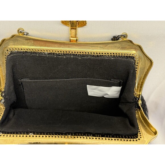 Vintage Black Silver Gold Metallic Zippered Evening Bag Purse Chain Strap - Picture 6 of 11